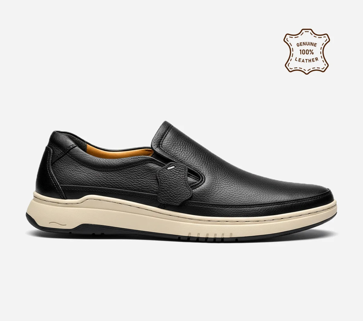 Black leather slip-on shoe with beige sole on a white background