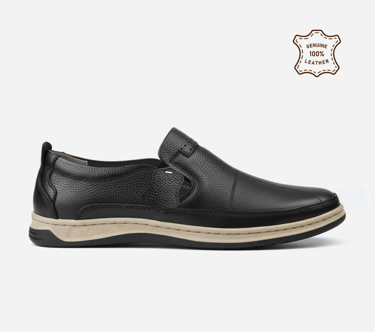 black slip-on shoe with a strap on a white background