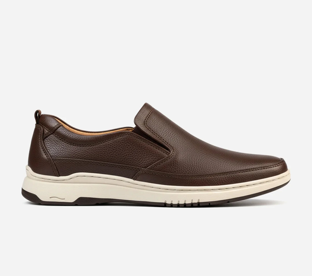 Clarks Brown Slip-on shoes on grey background
