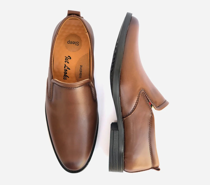 Brown leather loafer shoes on a white background
