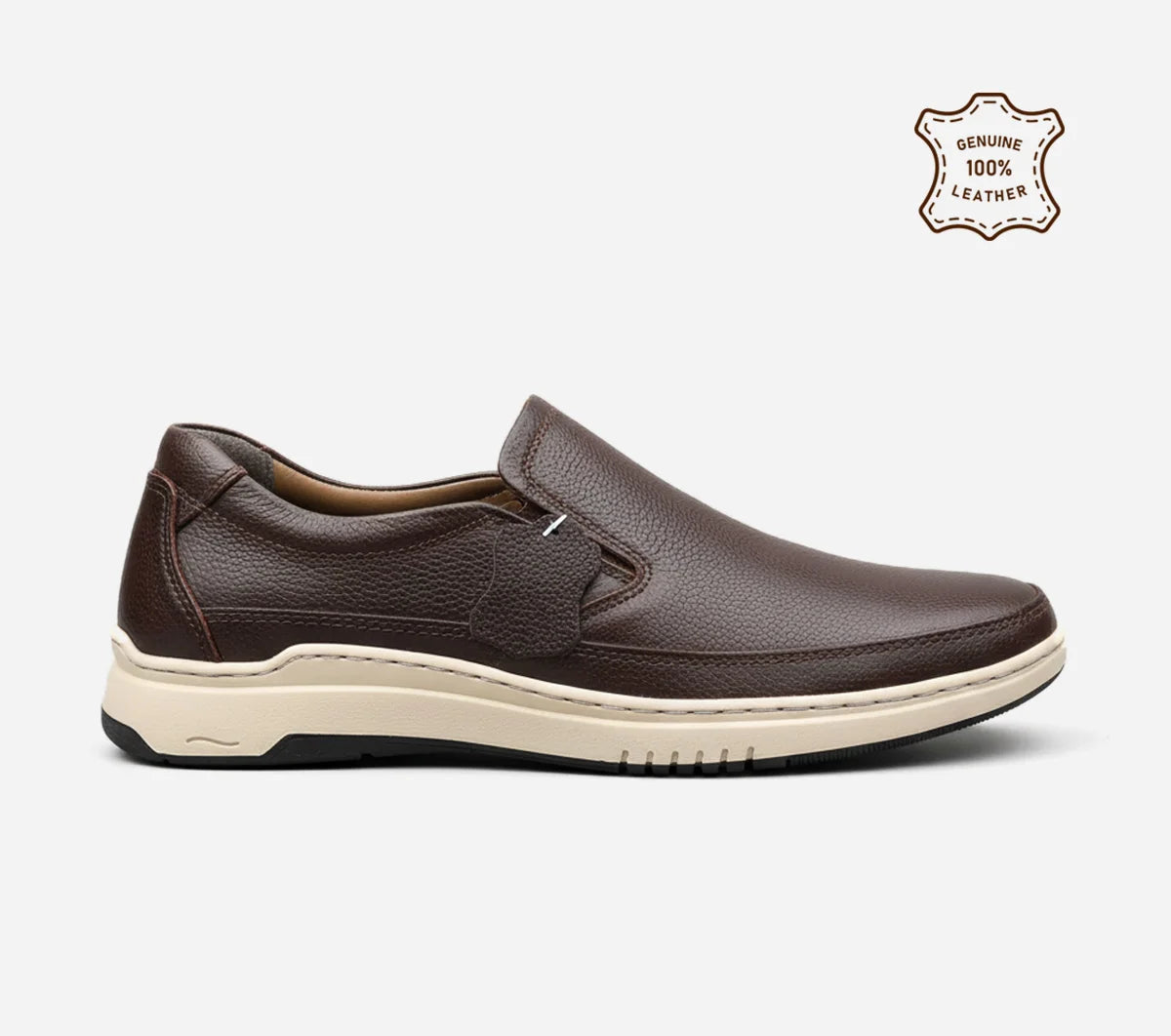 Brown slip-on shoe with 'Genuine 100% Leather' label on a white background