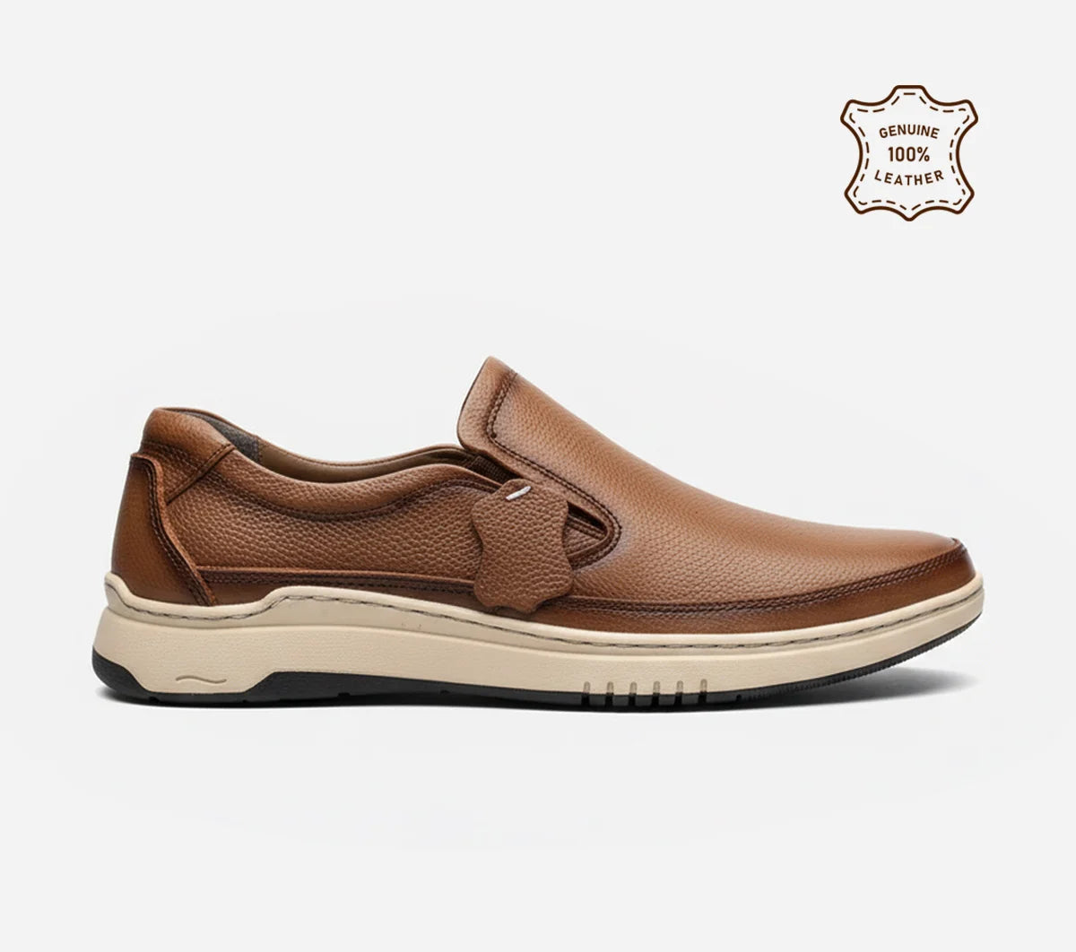 Brown leather slip-on shoe on a white background with 'Genuine 100% Leather' label.