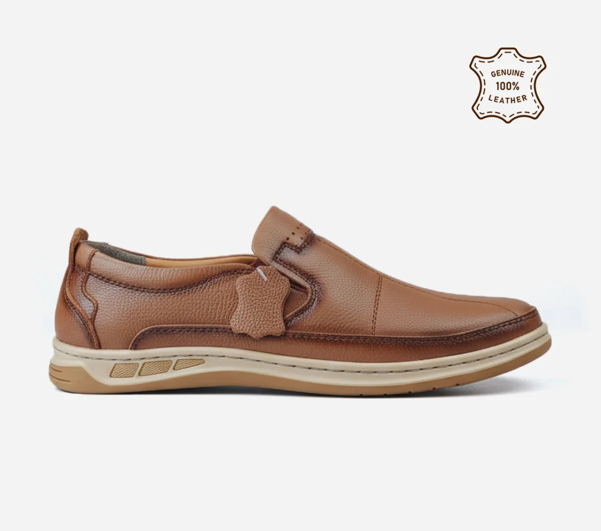 Brown leather shoe on a white background with 'Genuine 100% Leather' label.